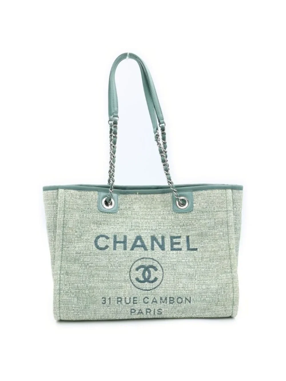 Chanel Deauville MM Jacquard Tweed Silver Chain Tote Shoulder Bag Green